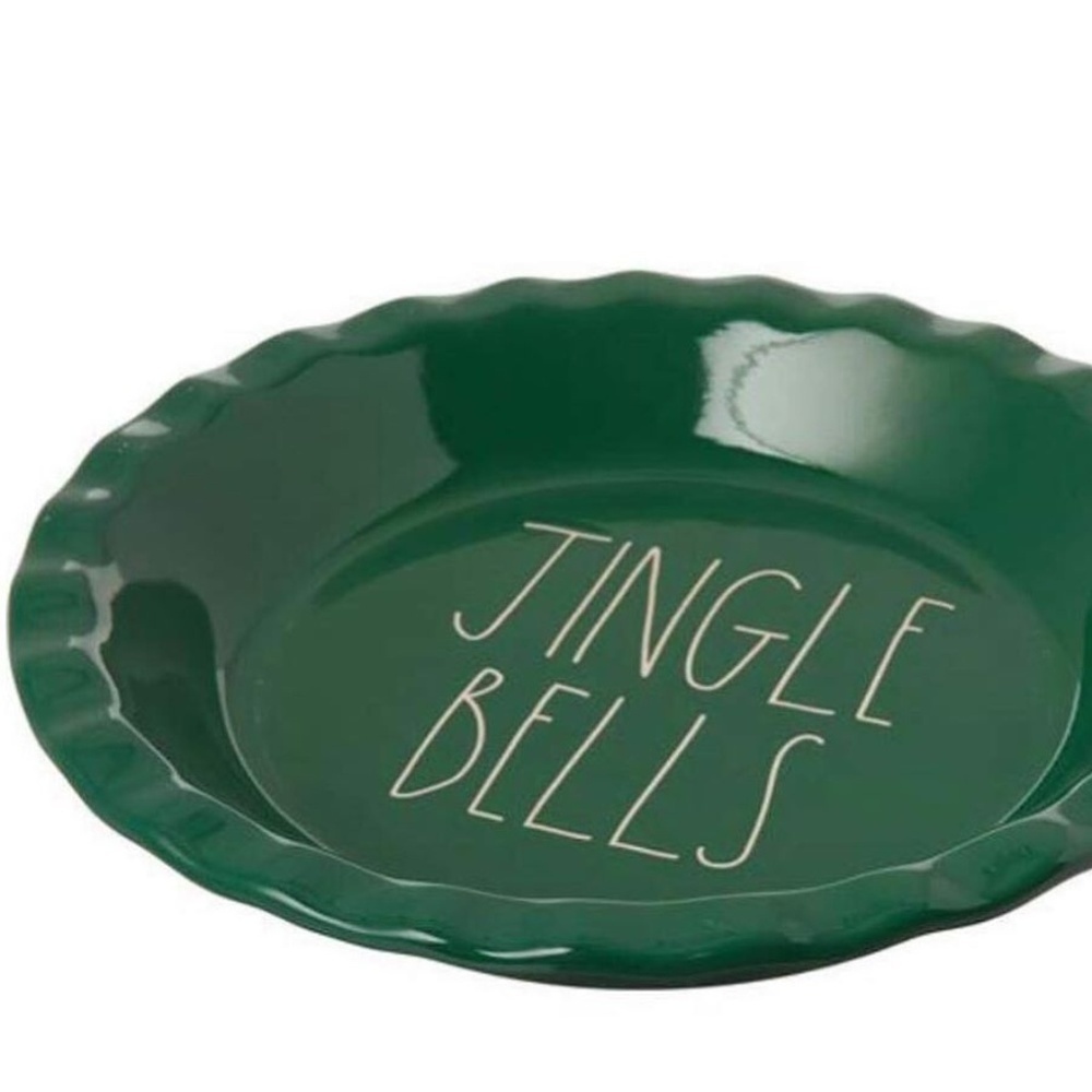 NWT - Rae Dunn Green Jingle Bells Ceramic Pie Plate